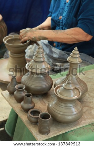 Potter, creating an earthen jar on the circle Clay pots for sale in Thailand, India, Asia