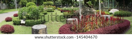 Public park in Bangkok Thailand. Landscaped Formal Garden.