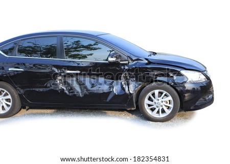 An accident with a black car isolated on white, Black limousine was hit and dented the door damaged.