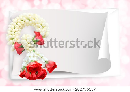 Floral Thank you card with beautiful realistic spring pink flowers jasmine and rose with drop shadows on a beige elegant background in modern style. Perfect for wedding, greeting or invitation design