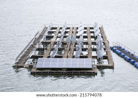 Ecological energy renewable solar panel plant electric power on water.