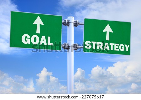 Business concept - Goal and Strategy virtual screens on green road sign with blue sky background.