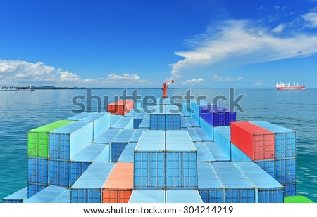 Commercial Vessels Marine Bulk Containers were traveling in sea freight under blue sky and cloud.
