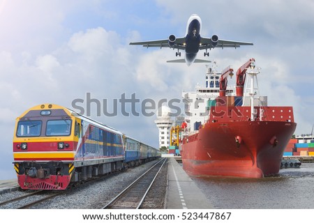container trains commercial cargo Aircraft import export working crane ship on port use for logistic and transportation delivery.