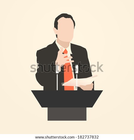 Orator stands behind a podium with microphonesSpeaker makes a report to the public Presentation and performance before an audience Rhetoric Oratory lecturer business seminar Vector Icon Orator stands behind a podium with microphonesSpeaker makes a report to the public Presentation and performance before an audience Rhetoric Oratory lecturer business seminar Vector Icon