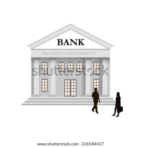 Bank building in classical style with columns and stairs. Two silhouettes of people near the rights of the bank. vector, icon,