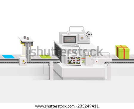 Startup of a new product. Raw materials moving on the conveyor belt. Vector infographics production business into a flat style and perspective view of. Minimalistic clean design.