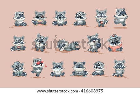 Set Vector Stock Illustration isolated Emoji character cartoon Raccoon cub sticker emoticons with different emotion for site, info graphic, video, animation, website, e-mail, newsletter, report, comic