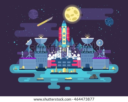 Facade of a station building and ancillary facilities with soaring rocket into space for expedition and research on the background of open outer space in flat style.Vector illustration