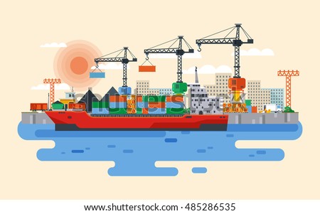Stock vector flat style illustration loading of cargo ship in river port, carriage of goods by water, delivery sea, large wholesale shipping and transportation, Cranes in industrial area