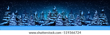 Stock vector illustration of night landscape with silhouettes of snow-covered fir trees among snowfall  in snowdrifts on starry sky background for background, banner, website, printed materials, cards