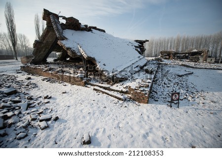 OSWIECIM, POLAND - JANUARY 27, 2014 - Collapsed gas chamber in Concentration camp Auschwitz Birkenau a former Nazi extermination camp on January 27, 2014 in Oswiecim.