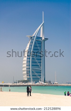 DUBAI - JUNE 10, 2014 - Burj Al Arab hotel on June 10, 2014 in Dubai. Burj Al Arab is a luxury 7 star hotel in Dubai.