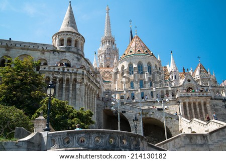 BUDAPEST - JULY 20, 2014 - Fisherman\'s Bastion on July 20, 2014 in Budapest. Fisherman\'s Bastion (Halaszbastya) is the panoramic viewing terrace with fairy tale towers in Budapest.
