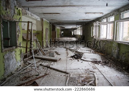 Dilapidated passage in the school of Pripyat / Chernobyl disaster