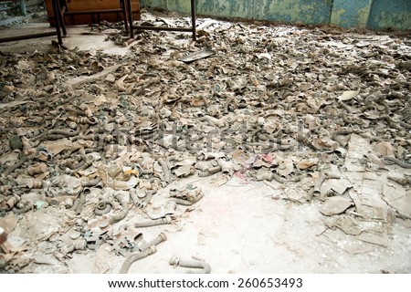Chernobyl disaster, many masks on the floor in the school of Pripyat