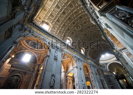 VATICAN - CIRCA SEPTEMBER 2015: Interior of the Saint Peter Cathedral in Vatican in Rome, Italy. St. Peter\'s Basilica until recently was considered largest Christian church in the world.