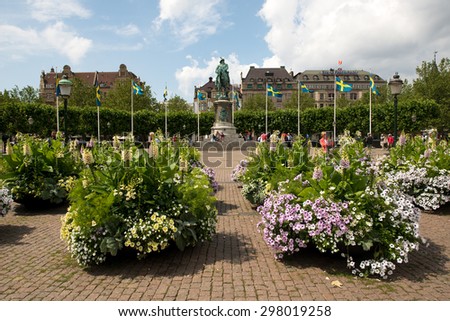 MALMO, SWEDEN - JULY 20: People visit the main square on July 20, 2015 in Malmo, Sweden. After Stockholm and Gothenburg, Malmo is the 3rd most visited city in Sweden.
