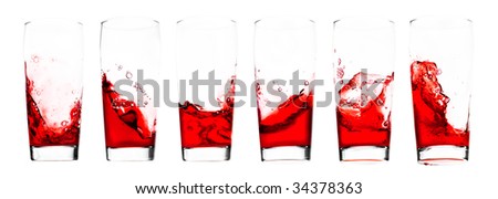 Red juice in glass - six shots combo - isolated on white