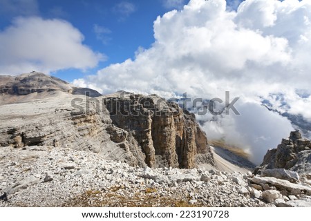 In the Mountain. Part of the Sella group, European Alps. This is a plateau massif in the Dolomite mountains of northern Italy. The Dolomite are part of Southern Limestone Alps in Europe.