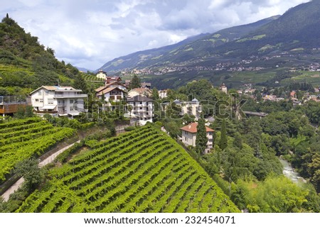 View to the old town of Merano. Today Meran is best known for its spa resorts. In the past literary people and artists enjoyed the mild climate of Meran.