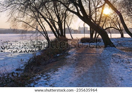 Potsdam in Winter, view over the frozen River Havel to the City of Potsdam (Germany).