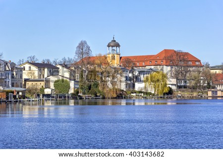 View to Potsdam (Germany) on a sunny day in springtime at the riverside of the River Havel. Potsdam is a city on the water. Potsdam is the capital of the state of Brandenburg in Germany.