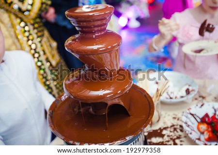 Vibrant Picture of Chocolate Fountain Fontain on childen kids birthday party with a kids  playing around and marshmallows and fruits dip dipping into fountain