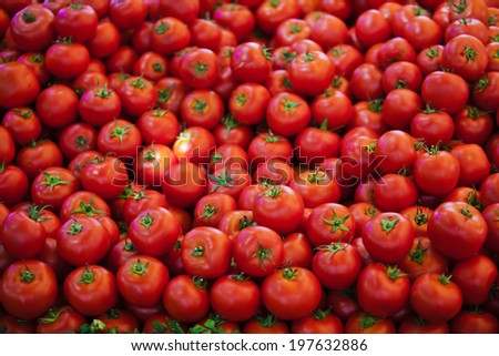 photo of very fresh tomatoes presented on white background, group of fresh tomatoes on market, in shop