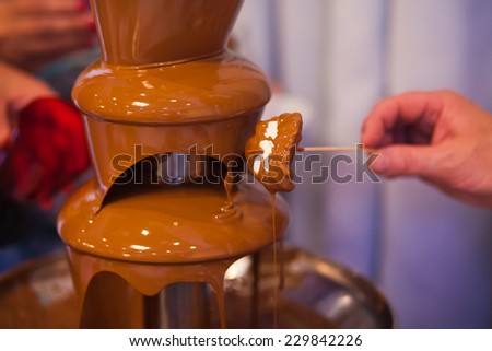 Vibrant Picture of Chocolate Fountain Fontain on childen kids birthday party with a kids playing around and marshmallows and fruits dip dipping into fountain