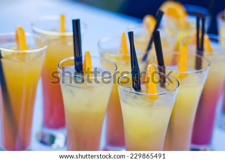 Beautiful line of different coloured cocktails with smoke on a open air party, tequila, martini, vodka, and others on decorated catering bouquet table on open air party