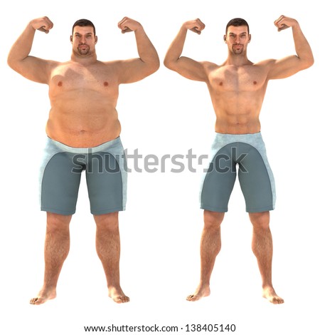 Fat and slim man opposite each other on white background - before and after diet