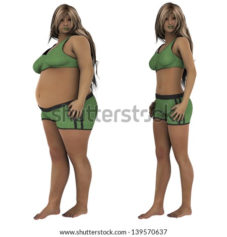 Fat and slim woman opposite each other on white background - before and after diet
