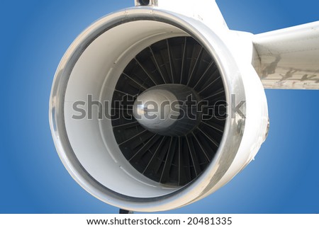 Close-up view of a aircraft jet turbine engine.