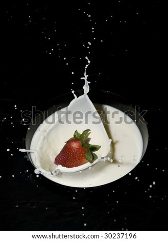 Stop action of a strawberry splashing into a bowl of milk.