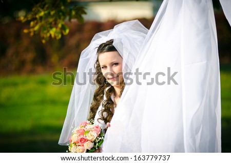 beautiful bride in the park. long veil