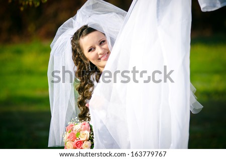 beautiful bride in the park. long veil