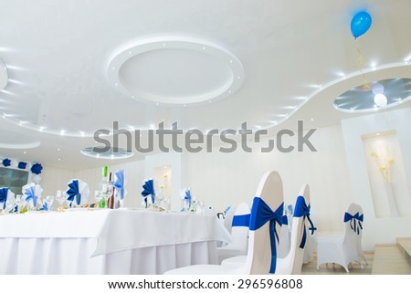 restaurant interior white and blue. new and clean luxury restaurant in european style