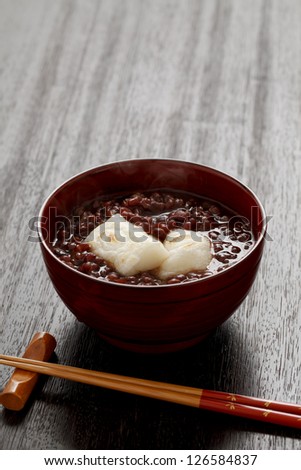 Zenzai Traditional Japanese Dessert A Bowl of Red Bean Sweet Soup with Rice cake