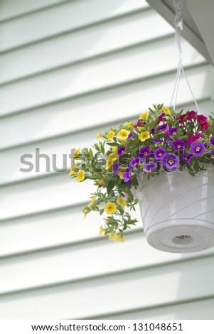 Front Porch Flower Basket vertical shot of a hanging flower basket against a vinyl siding backdrop.