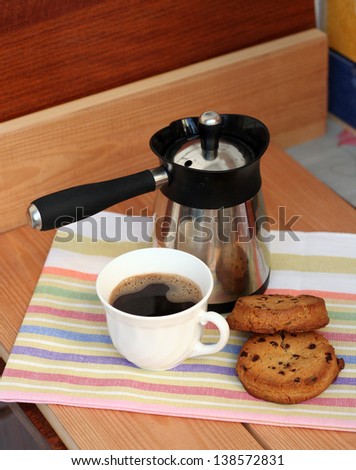 morning coffee with coffee maker and homemade cookies