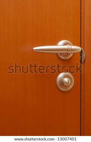 Brown modern wooden door with the golden handle