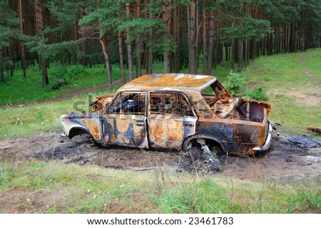Burnt out car in the forest