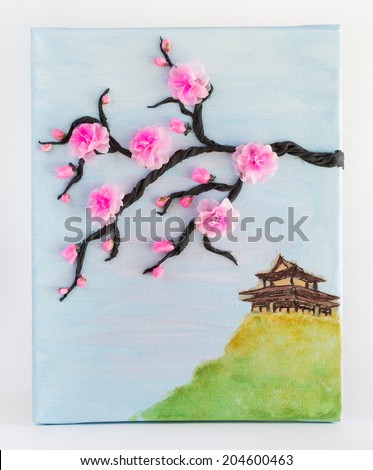 Chinese Motif Painting with Fabric on Canvas