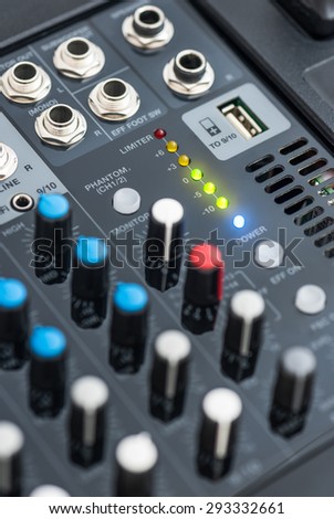 Detail of a Professional Mixing Console Turned On. Music Device.