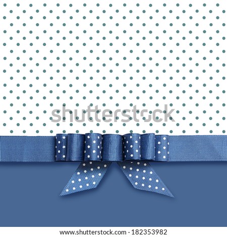 Blue ribbon with a bow on blue and white background