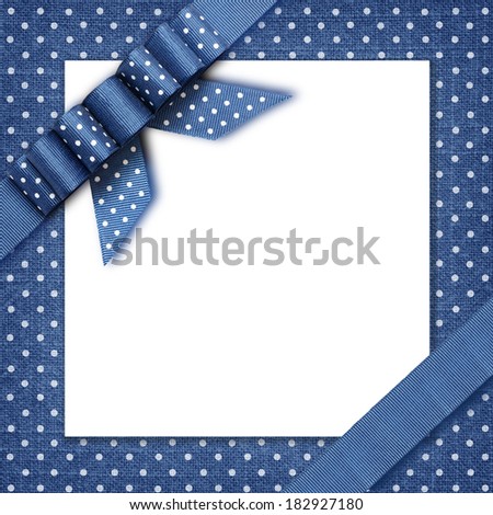 Blue ribbon with a bow on blue and white background