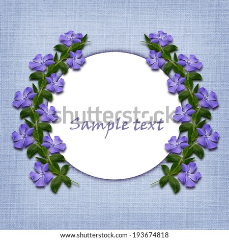 Periwinkle flowers line and a circle on blue background