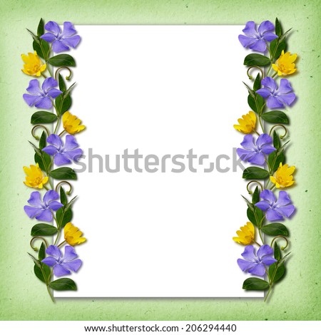 Ornamental line with wild flowers on green and white background