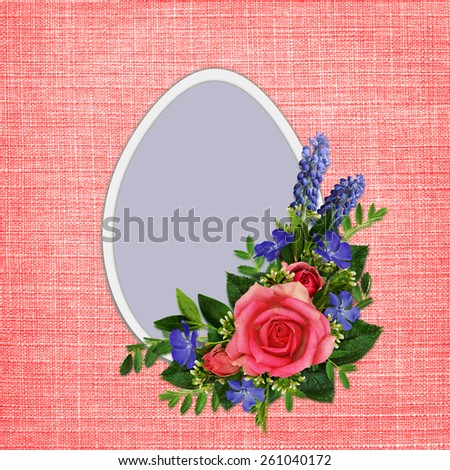 Rose and wild flowers bouquet with Easter egg on red canvas background